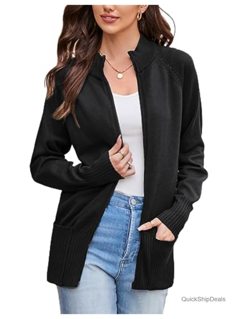 Women's Zip Up Knit Cardigan with Pockets Stand Collar Long Sleeve Sweater Coat